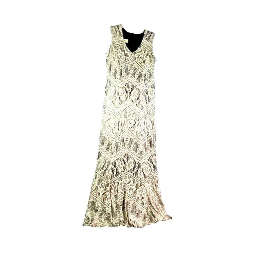 Vtg DAMIANOU Dress Gold Crochet Lace Overlay Black Sz Small Long Sparkly - Picture 1 of 10